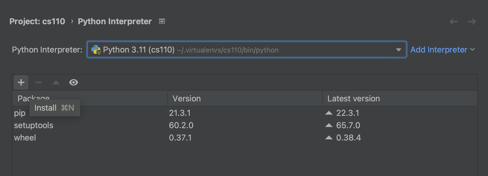 pycharm settings click install